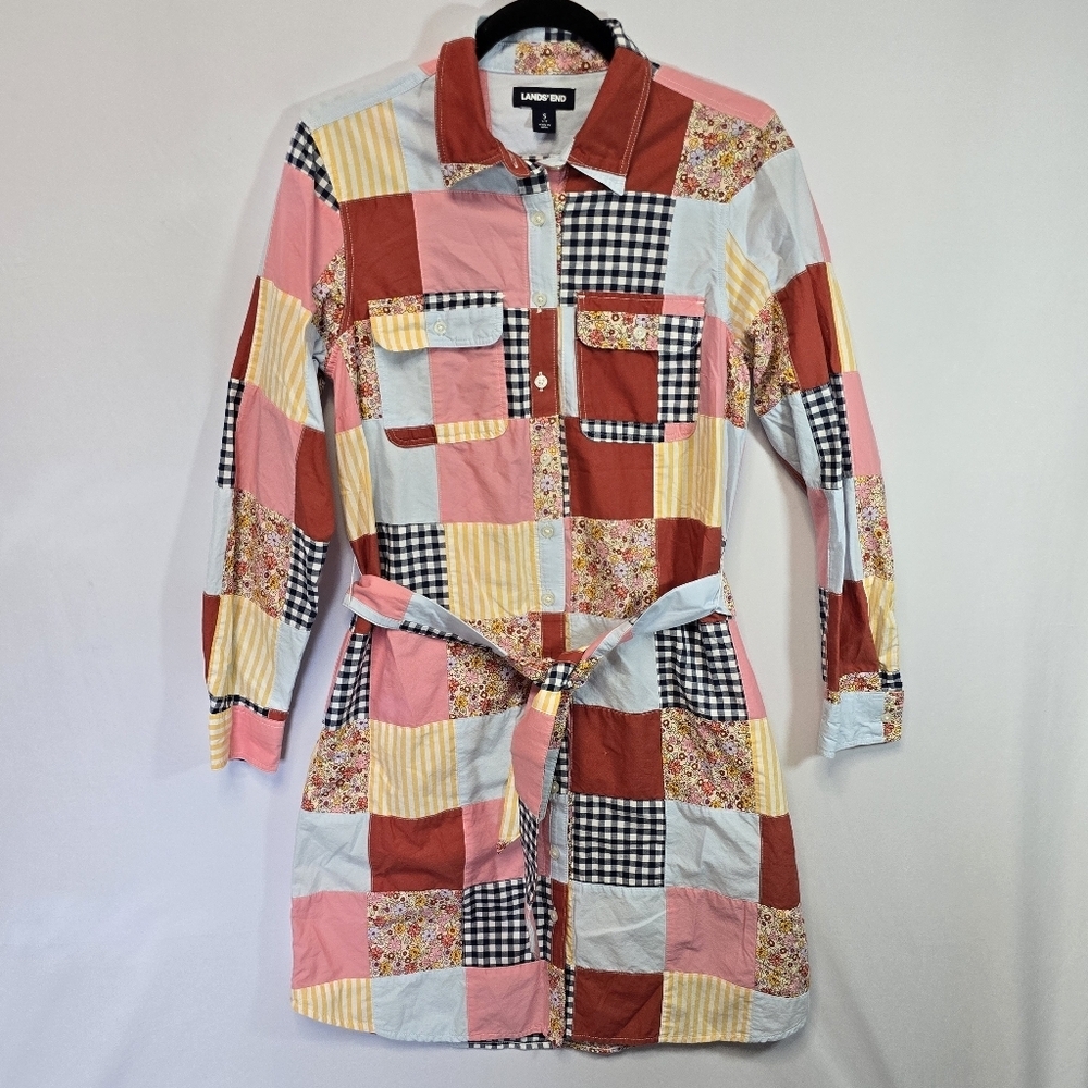Lands End Plaid Patchwork Checkered Button Front … - image 1